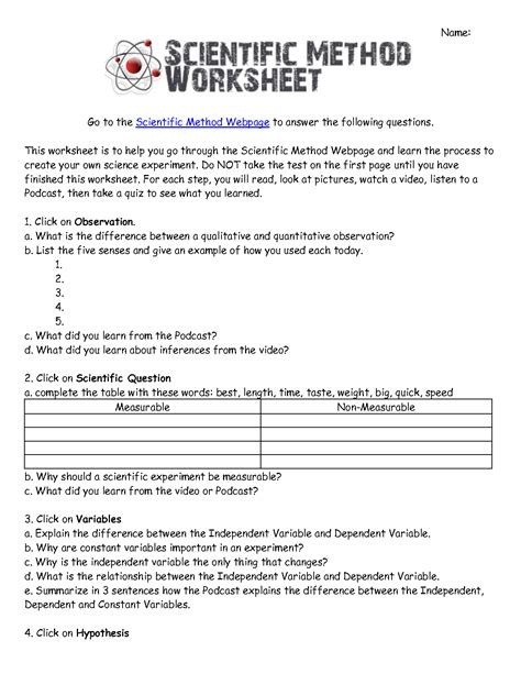 scientific method test review worksheet